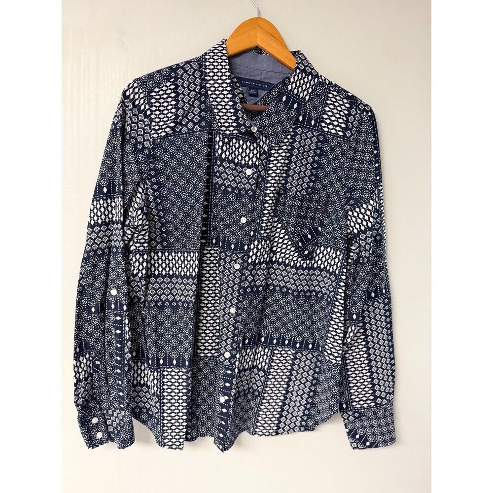 Tommy Hilfiger Womens Large Navy White Patchwork Print Button Down Shirt